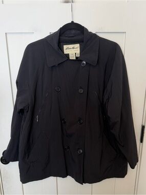 Eddie Bauer Black Classic Double Breasted Rain Lightweight Jacket Size Medium P